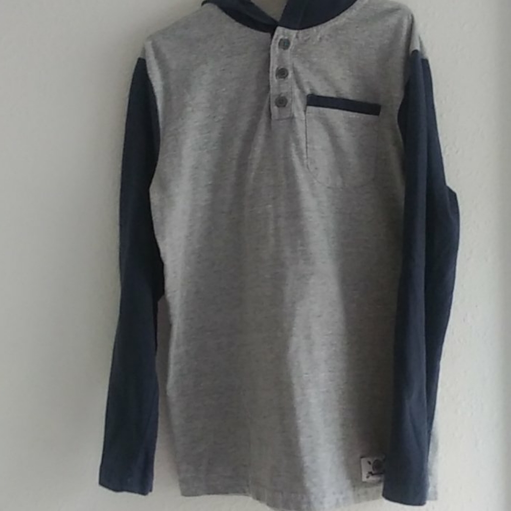 Light Grey And Navy Blue Boy's Hooded Shirt